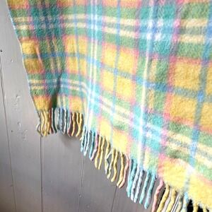 Vintage Bamberger's Pastel Plaid Acrylic Tassles Baby Blanket Blue Pink Yellow